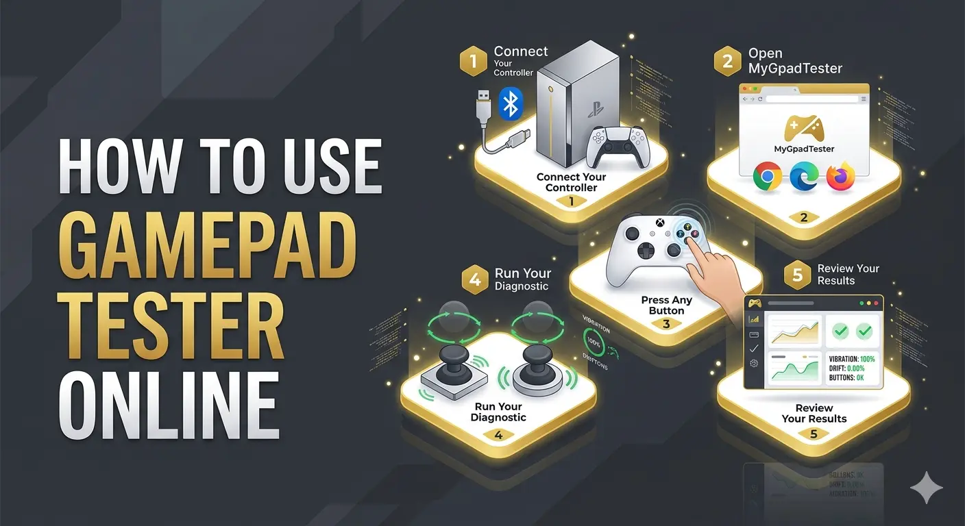 Infographic showing how to use Gamepad Tester online for controller diagnostics and stick drift testing.