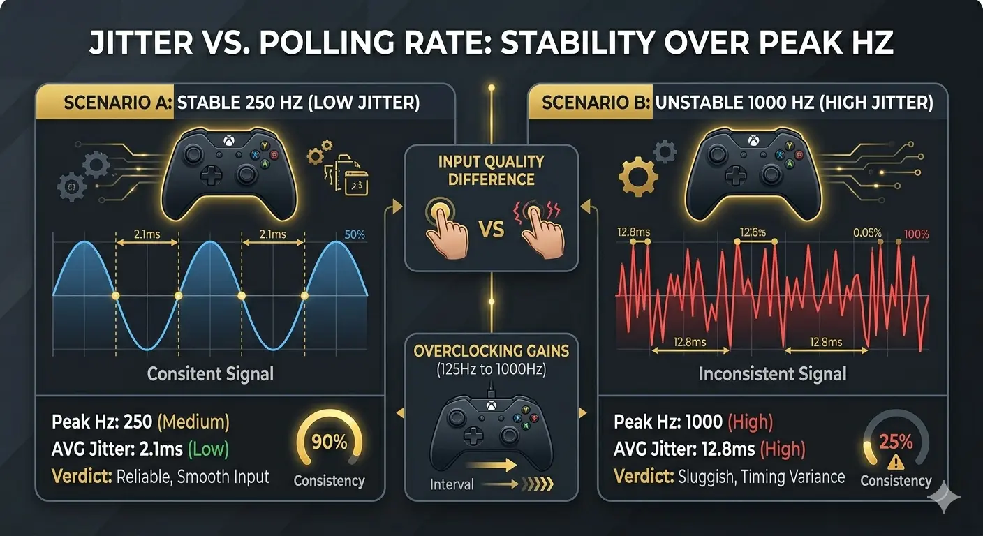 Technical infographic comparing stable vs unstable polling rates and jitter effects on controller latency.